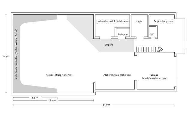 Grundriss der Westside Studios Frankfurt mit Atelier, Garage und Nebenräumen